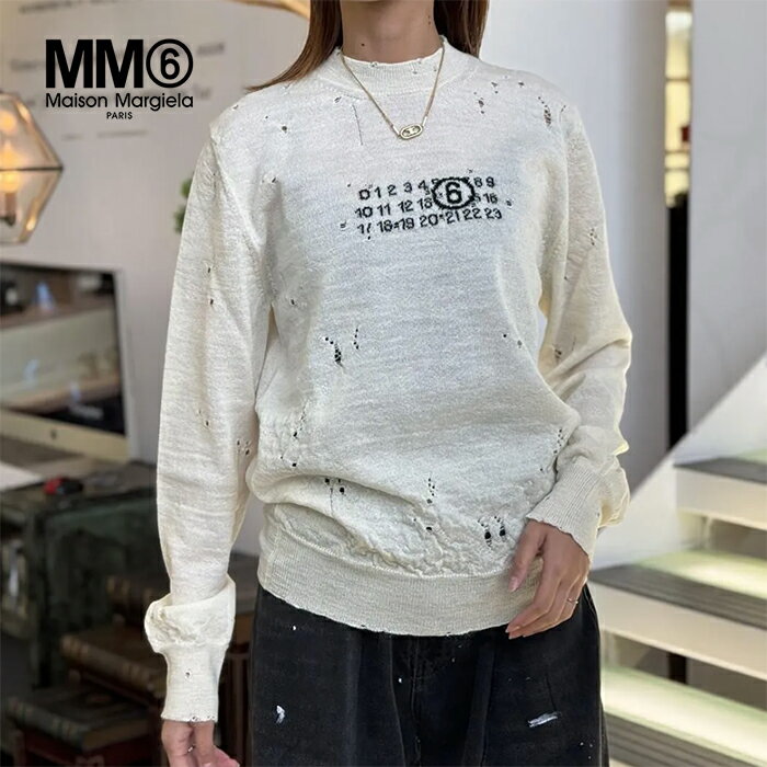 エムエム6 メゾンマルジェラ ナンバリング ニット MM6 Maison Margiela ニット セーター クルーネック ダメージ加工 ウール 長袖 メンズ ...