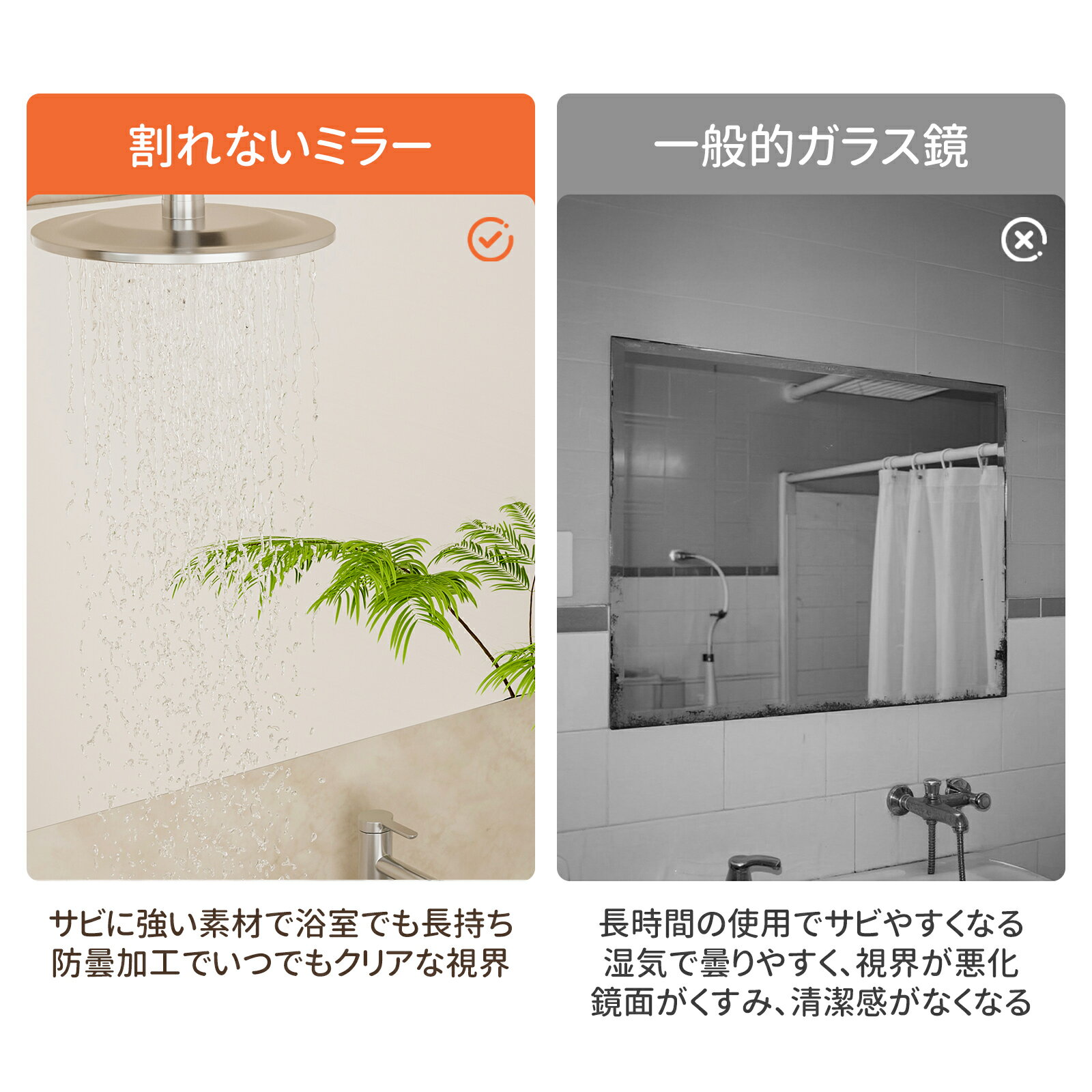 【新店開業特惠】Brisafe 割れない鏡 浴室ミラー 曇らない マグネットミラー お風呂鏡 洗面鏡 防水フィルムミラー 軽量 安全ミラー 地震対策 35×45 45×60 50×70 40×100cm ホワイト シルバー [2]