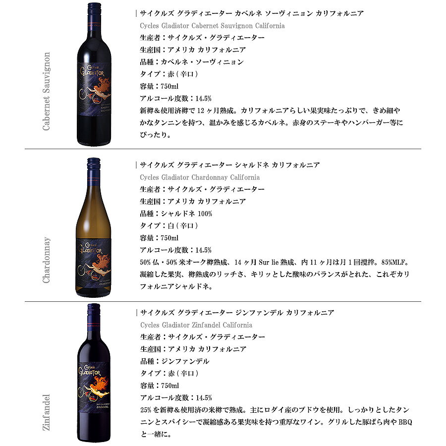 ワインセットアメリカ カリフォルニアワイナリー 赤白5本セット サイクルズ グラディエーター 送料無料(本州のみ) [WTS アメリカ カリフォルニア ワインセット wine 飲み比べ] ギフト プレゼント 敬老の日 お歳暮 御歳暮