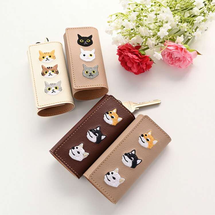 キーケース 【 刺繍 3匹の猫 柴犬 2点セット 】 ペアセット 選べる 鍵 鍵入れ キーホルダー スマートキ..