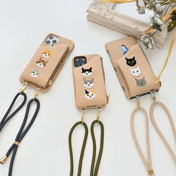 多機種対応 スマホショルダー スマホケース 【 刺繍 まるっと貼り 付け替え ポーチ 3匹の猫 】 猫 背面..