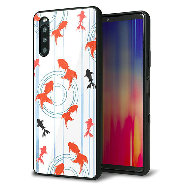 乐天商城 - Y!mobile Xperia 10 III A102SO ケース カバー 背面 ガラス TPU デザイン ガラプリ 【HA210 金魚 水彩ストライプ ブルー】 印刷 光沢 MMLM