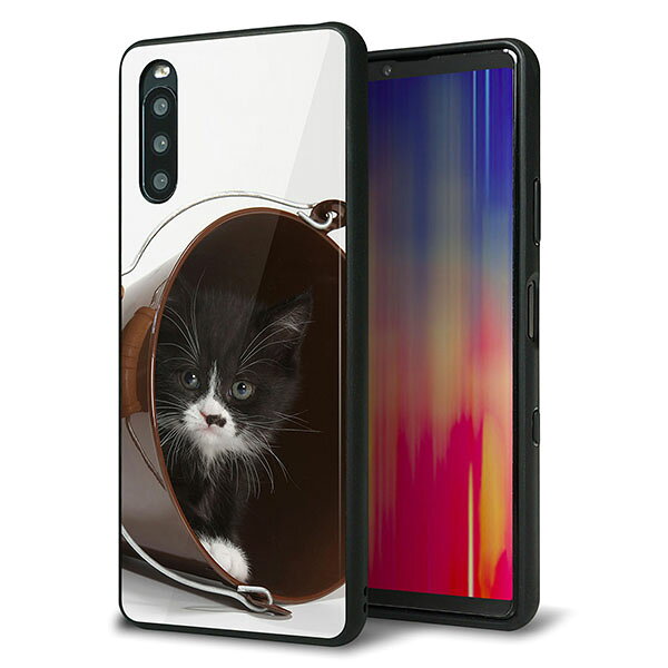 Rakuten - Y!mobile Xperia 10 III A102SO ケース カバー 背面 ガラス TPU デザイン ガラプリ 【VA800 ネコとバケツ】 印刷 光沢 MMLM