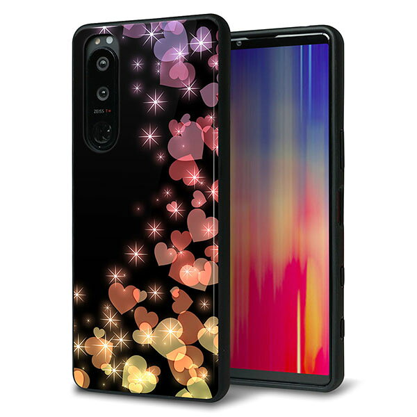 乐天商城 - SoftBank Xperia 5 III A103SO ケース カバー 背面 ガラス TPU デザイン ガラプリ 【020 夜のきらめきハート】 印刷 光沢 MMLM