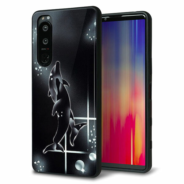 乐天商城 - SoftBank Xperia 5 III A103SO ケース カバー 背面 ガラス TPU デザイン ガラプリ 【158 ブラックドルフィン】 印刷 光沢 MMLM