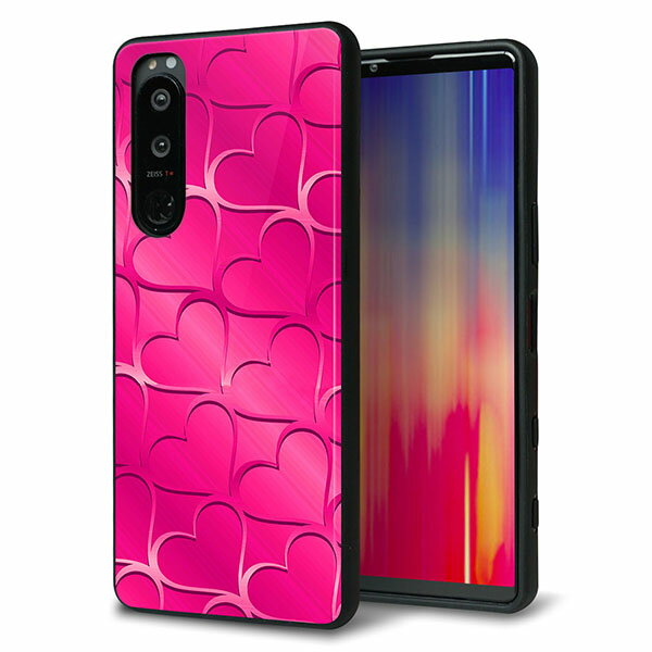 Rakuten - SoftBank Xperia 5 III A103SO ケース カバー 背面 ガラス TPU デザイン ガラプリ 【1347 かくれハート ショッキングピンク】 印刷 光沢 MMLM