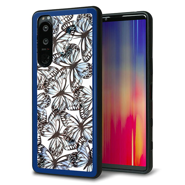 Rakuten - SoftBank Xperia 5 III A103SO ケース カバー 背面 ガラス TPU デザイン ガラプリ 【SC906 ガーデンバタフライ ブルー】 印刷 光沢 MMLM