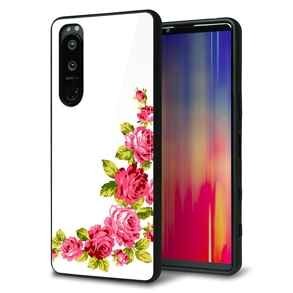 乐天商城 - SoftBank Xperia 5 III A103SO ケース カバー 背面 ガラス TPU デザイン ガラプリ 【VA825 バラのフレーム(白)】 印刷 光沢 MMLM