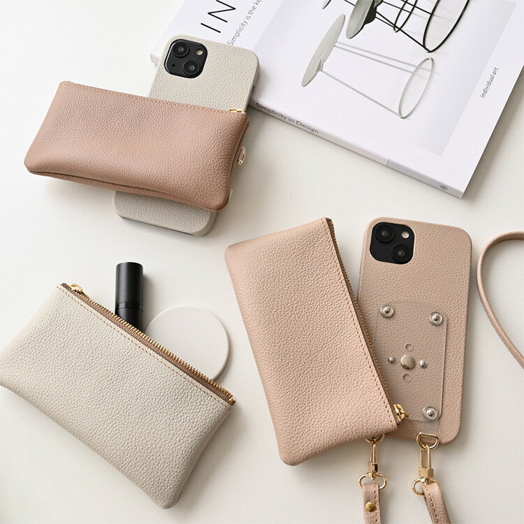 全機種対応 スマホケース 回転式 ロングファスナーポーチ付 ショルダーストラップ付き 【 シュリンクレザー 】 スマホショルダー スタンド機能 レンズ保護 バイカラー 本革 ハードケース アイフォン Android アンドロイド iPhone 14 Xperia Galaxy AQUOS メール便送料無料のサムネイル