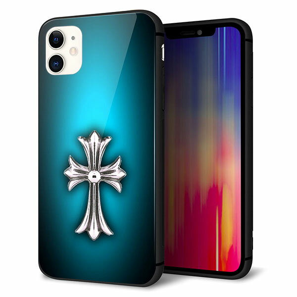 Rakuten - iPhone11 (6.1インチ) ケース カバー スマホケース 背面 ガラス TPU ガラプリ 【クロスブルー 】 ストラップ穴 ストラップホール付き MMLM