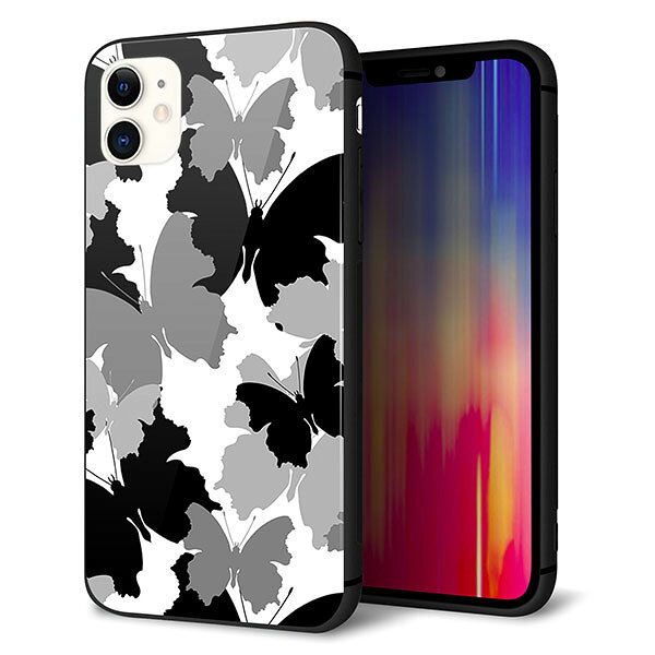 iPhone11 (6.1インチ) ケース カバー スマホケース 背面 ガラス TPU ガラプリ 【夜の蝶 】 ストラップ穴 ストラップホール付き MMLM