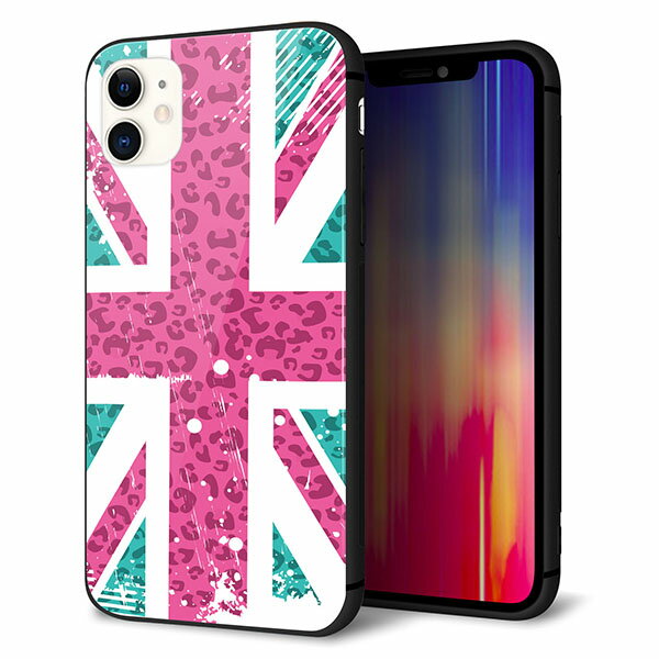 Rakuten - iPhone11 (6.1インチ) ケース カバー スマホケース 背面 ガラス TPU ガラプリ 【ユニオンジャック ピンクヒョウ柄ビンテージ 】 ストラップ穴 ストラップホール付き MMLM