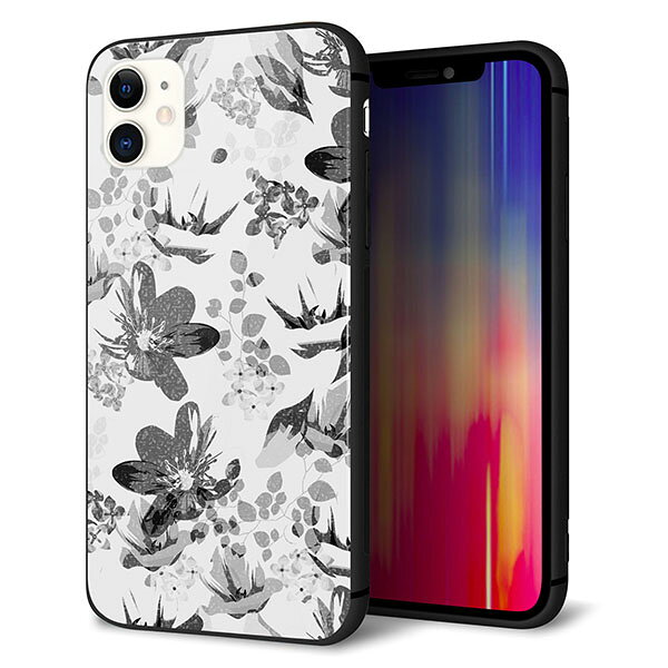 Rakuten - iPhone11 (6.1インチ) ケース カバー スマホケース 背面 ガラス TPU ガラプリ 【花柄モノトーン 03 】 ストラップ穴 ストラップホール付き MMLM
