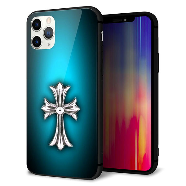 Rakuten - iPhone11 Pro (5.8インチ) ケース カバー スマホケース 背面 ガラス TPU ガラプリ 【クロスブルー 】 ストラップ穴 ストラップホール付き MMLM