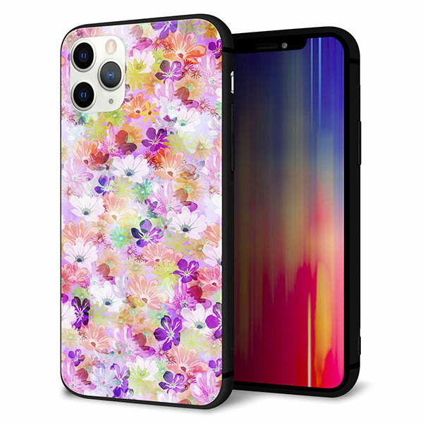 iPhone11 Pro (5.8インチ) ケース カバー スマホケース 背面 ガラス TPU ガラプリ 【リバティプリント プレスドフラワー パープル 】 ストラップ穴 ストラップホール付き メール便送料無料