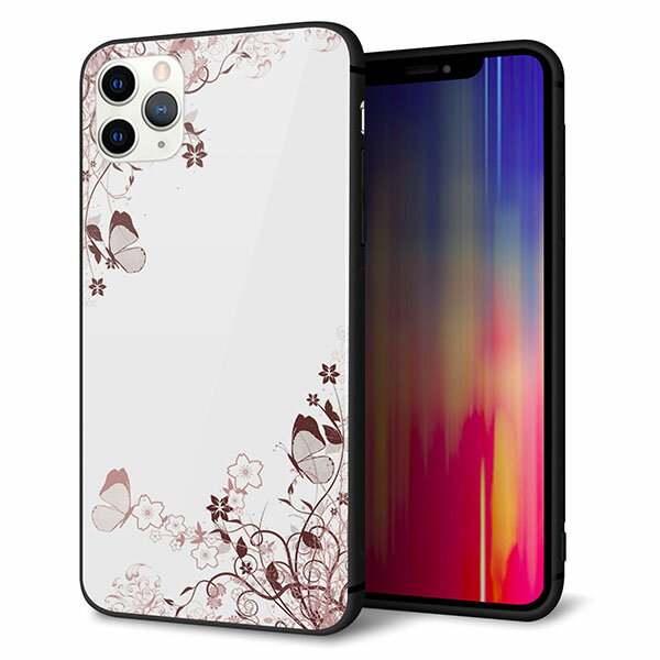 Rakuten - iPhone11 Pro Max　(6.5インチ) ケース カバー スマホケース 背面 ガラス TPU ガラプリ 【桔梗と桜と蝶 】 ストラップ穴 ストラップホール付き MMLM