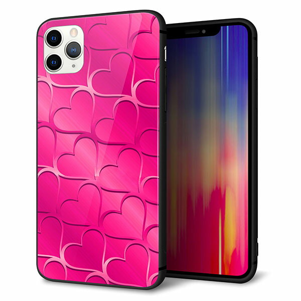 Rakuten - iPhone11 Pro Max　(6.5インチ) ケース カバー スマホケース 背面 ガラス TPU ガラプリ 【かくれハート ショッキングピンク 】 ストラップ穴 ストラップホール付き MMLM