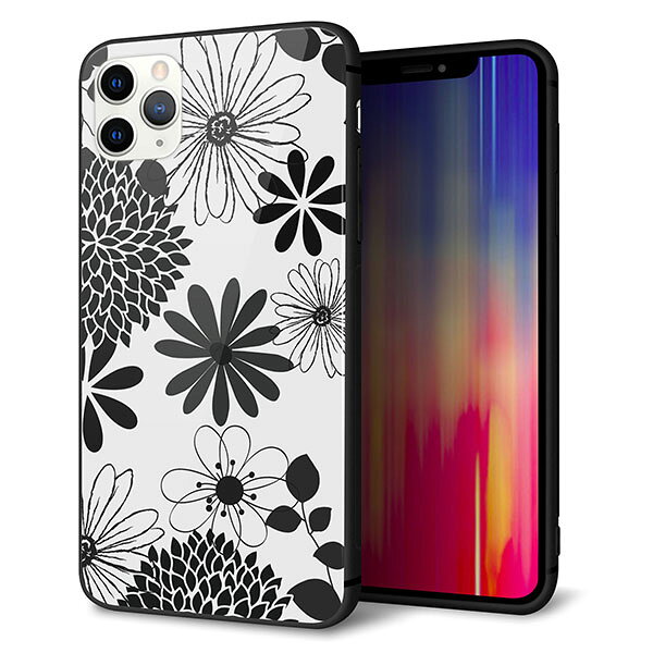 Rakuten - iPhone11 Pro Max　(6.5インチ) ケース カバー スマホケース 背面 ガラス TPU ガラプリ 【花柄モノトーン 01 】 ストラップ穴 ストラップホール付き MMLM