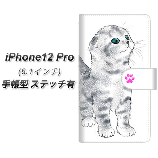iPhone12 Pro 手帳型 スマホケース カバー 【ステッチタイプ】【YE818 スコティッシュフォールド03 UV印刷】