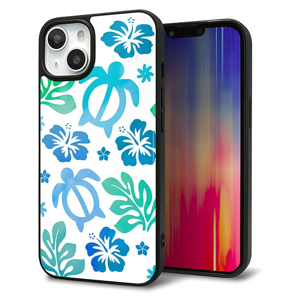 乐天商城 - iPhone13 ケース カバー 背面 ガラス TPU デザイン ガラプリ 【SC880 ハワイアンアロハホヌ ブルー】 印刷 光沢 MMLM