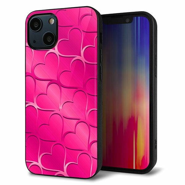 iPhone13 mini ケース カバー 背面 ガラス TPU デザイン ガラプリ 【1347 かくれハート ショッキングピンク】 印刷 光沢 MMLM(2)