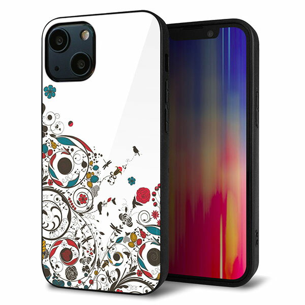Rakuten - iPhone13 mini ケース カバー 背面 ガラス TPU デザイン ガラプリ 【EK908 カラフルな花と鳥】 印刷 光沢 MMLM