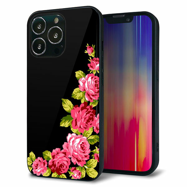 乐天商城 - iPhone13 Pro ケース カバー 背面 ガラス TPU デザイン ガラプリ 【VA826 バラのフレーム(黒)】 印刷 光沢 MMLM