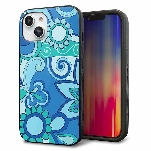 Rakuten - iPhone14 ケース カバー 背面 ガラス TPU デザイン ガラプリ 【409 ブルーミックス】 印刷 光沢 MMLM