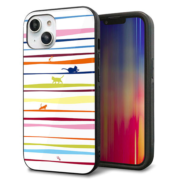 Rakuten - iPhone14 ケース カバー 背面 ガラス TPU デザイン ガラプリ 【YA893 ストライプネコ02】 印刷 光沢 MMLM