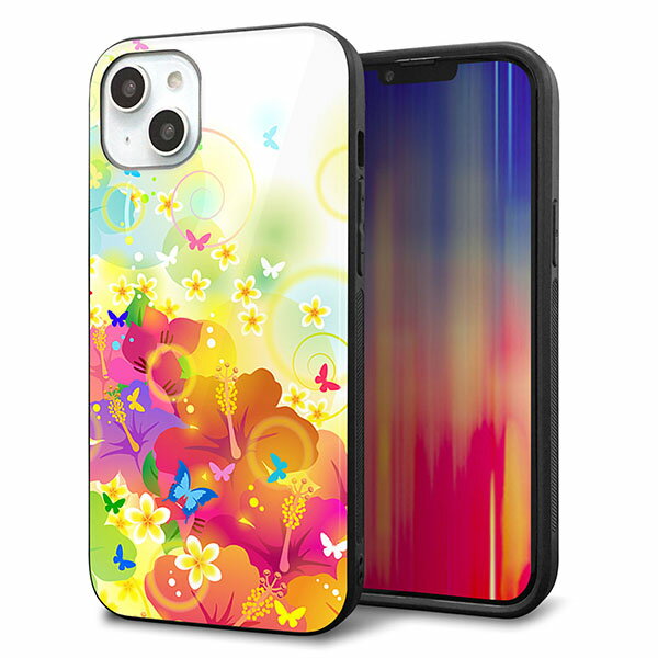 Rakuten - iPhone14 Plus ケース カバー 背面 ガラス TPU デザイン ガラプリ 【647 ハイビスカスと蝶】 印刷 光沢 MMLM