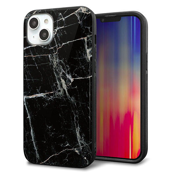 Rakuten - iPhone14 Plus ケース カバー 背面 ガラス TPU デザイン ガラプリ 【KM867 大理石BK】 印刷 光沢 MMLM