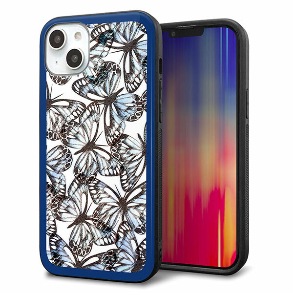 Rakuten - iPhone14 Plus ケース カバー 背面 ガラス TPU デザイン ガラプリ 【SC906 ガーデンバタフライ ブルー】 印刷 光沢 MMLM