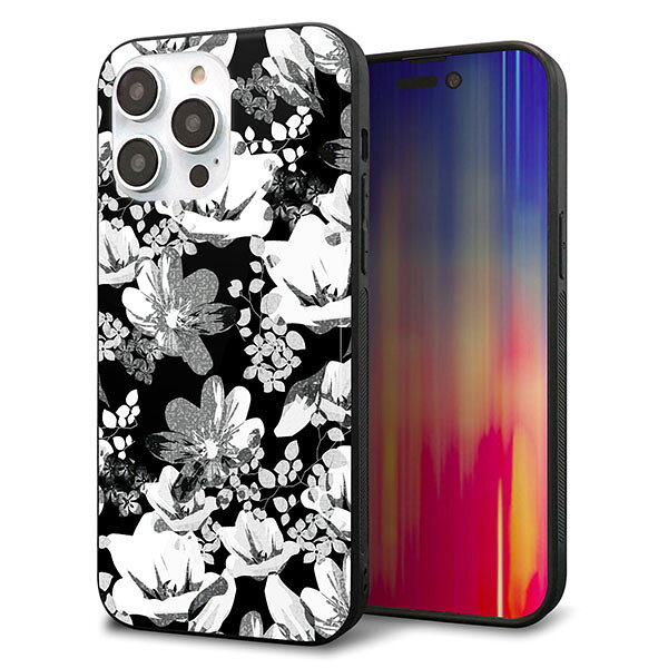 Rakuten - iPhone14 Pro Max ケース カバー 背面 ガラス TPU デザイン ガラプリ 【SC913 花柄モノトーン 02】 印刷 光沢 MMLM