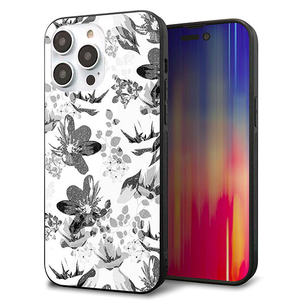 Rakuten - iPhone14 Pro Max ケース カバー 背面 ガラス TPU デザイン ガラプリ 【SC914 花柄モノトーン 03】 印刷 光沢 MMLM