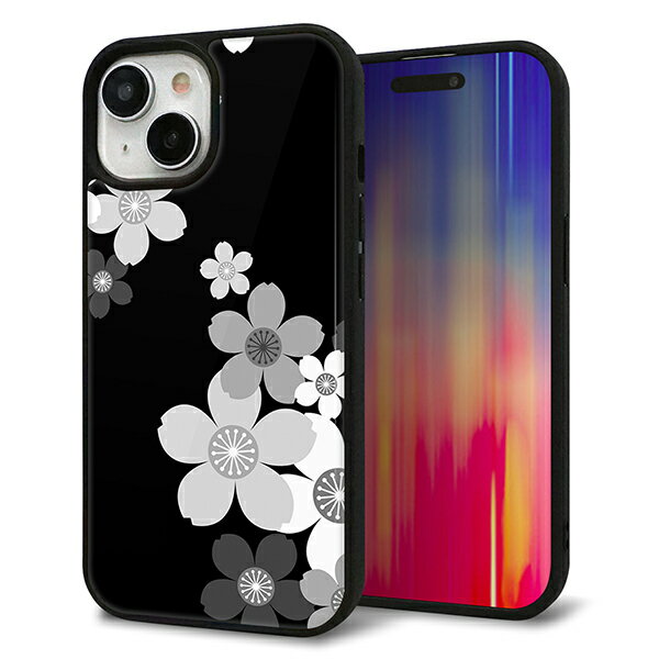 Rakuten - iPhone15 ケース カバー 背面 ガラス TPU デザイン ガラプリ 【1334 桜のフレーム BK＆WH】 印刷 光沢 MMLM