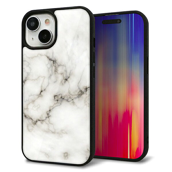 Rakuten - iPhone15 ケース カバー 背面 ガラス TPU デザイン ガラプリ 【KM871 大理石WH】 印刷 光沢 MMLM