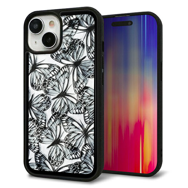 Rakuten - iPhone15 ケース カバー 背面 ガラス TPU デザイン ガラプリ 【SC905 ガーデンバタフライ ブラック】 印刷 光沢 MMLM