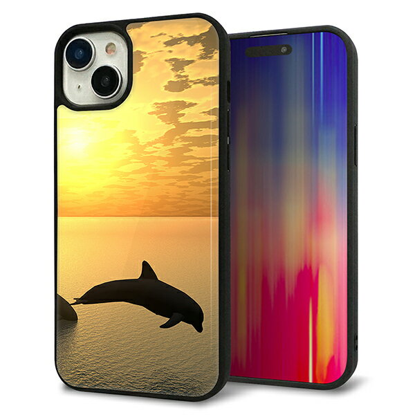 Rakuten - iPhone15 Plus ケース カバー 背面 ガラス TPU デザイン ガラプリ 【VA845 夕暮れのドルフィン】 印刷 光沢 MMLM