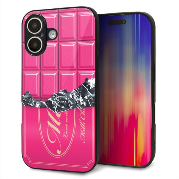 Rakuten - iPhone16 ケース カバー 背面 ガラス TPU デザイン ガラプリ 【555 板チョコ-ストロベリー】 印刷 光沢 MMLM
