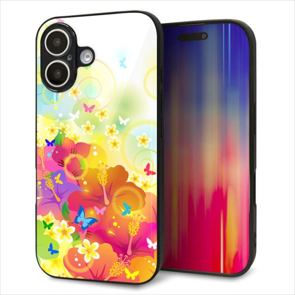 Rakuten - iPhone16 ケース カバー 背面 ガラス TPU デザイン ガラプリ 【647 ハイビスカスと蝶】 印刷 光沢 MMLM
