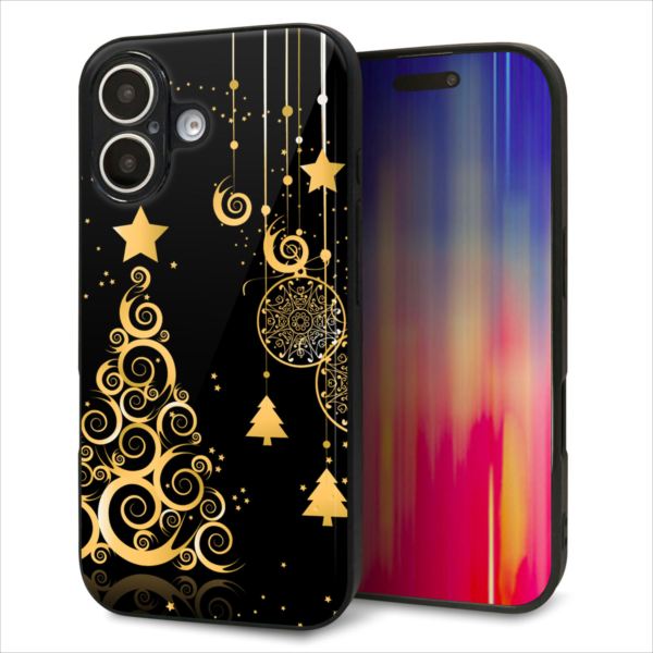 Rakuten - iPhone16 ケース カバー 背面 ガラス TPU デザイン ガラプリ 【721 ゴールドクリスマスツリー】 印刷 光沢 MMLM