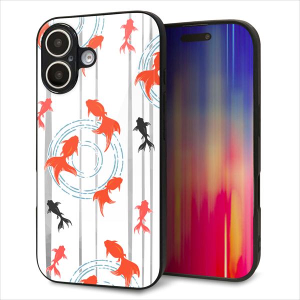 Rakuten - iPhone16 ケース カバー 背面 ガラス TPU デザイン ガラプリ 【HA211 金魚 水彩ストライプ グレー】 印刷 光沢 MMLM