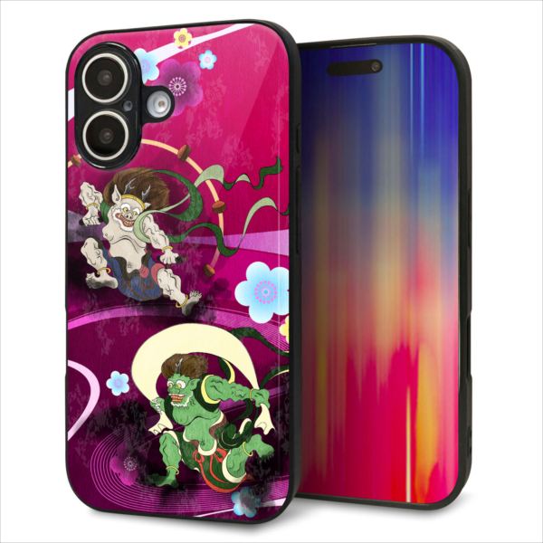 Rakuten - iPhone16 ケース カバー 背面 ガラス TPU デザイン ガラプリ 【HA237 風神雷神 紫の川】 印刷 光沢 MMLM