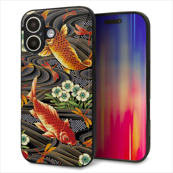 iPhone16 ケース カバー 背面 ガラス TPU デザイン ガラプリ 【MA963 着物柄 鶴鯉 A】 印刷 光沢 MMLM
