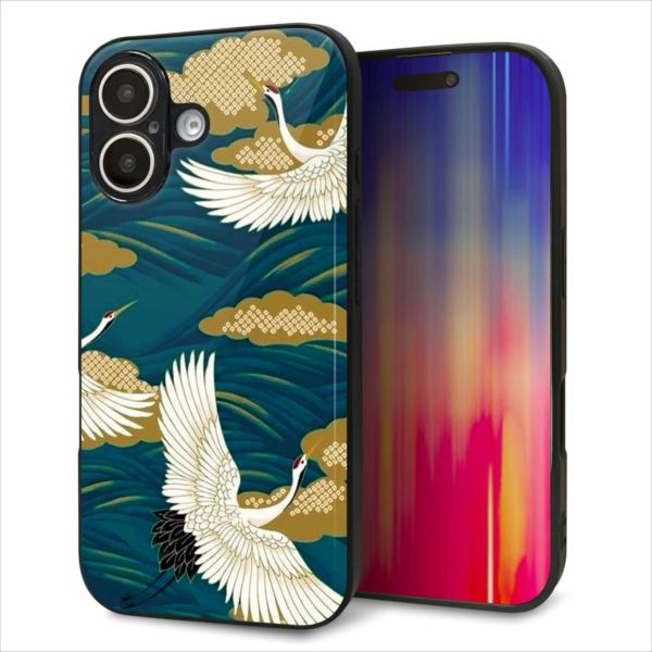 iPhone16 ケース カバー 背面 ガラス TPU デザイン ガラプリ 【MA964 着物柄 鶴鯉 B】 印刷 光沢 MMLM