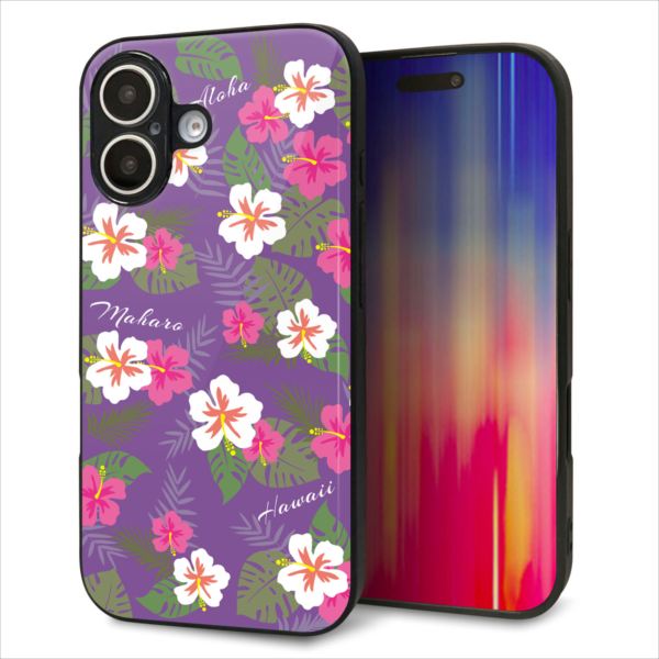 Rakuten - iPhone16 ケース カバー 背面 ガラス TPU デザイン ガラプリ 【SC886 ハワイアンアロハレトロ パープル】 印刷 光沢 MMLM