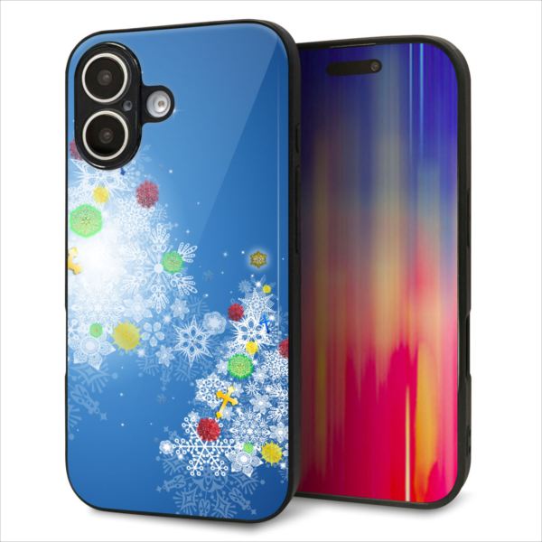 iPhone16 ケース カバー 背面 ガラス TPU デザイン ガラプリ 【YJ347 クリスマスツリー】 印刷 光沢 MMLM