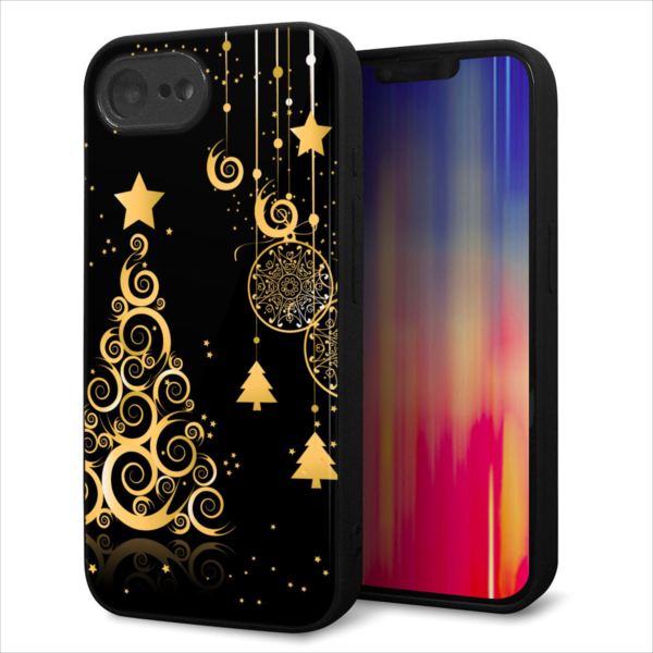 iPhone16e ケース カバー 背面 ガラス TPU デザイン ガラプリ 【721 ゴールドクリスマスツリー】 印刷 光沢 MMLM