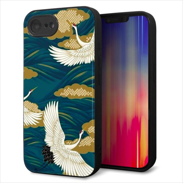 iPhone16e ケース カバー 背面 ガラス TPU デザイン ガラプリ 【MA964 着物柄 鶴鯉 B】 印刷 光沢 MMLM
