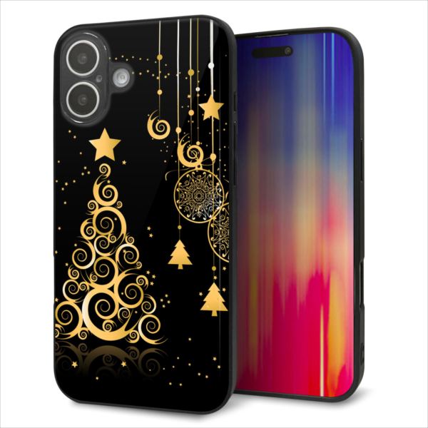 iPhone16 Plus ケース カバー 背面 ガラス TPU デザイン ガラプリ 【721 ゴールドクリスマスツリー】 印刷 光沢 MMLM